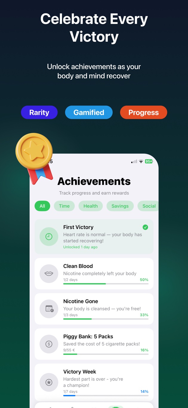Achievements — unlock badges as your body and mind recover