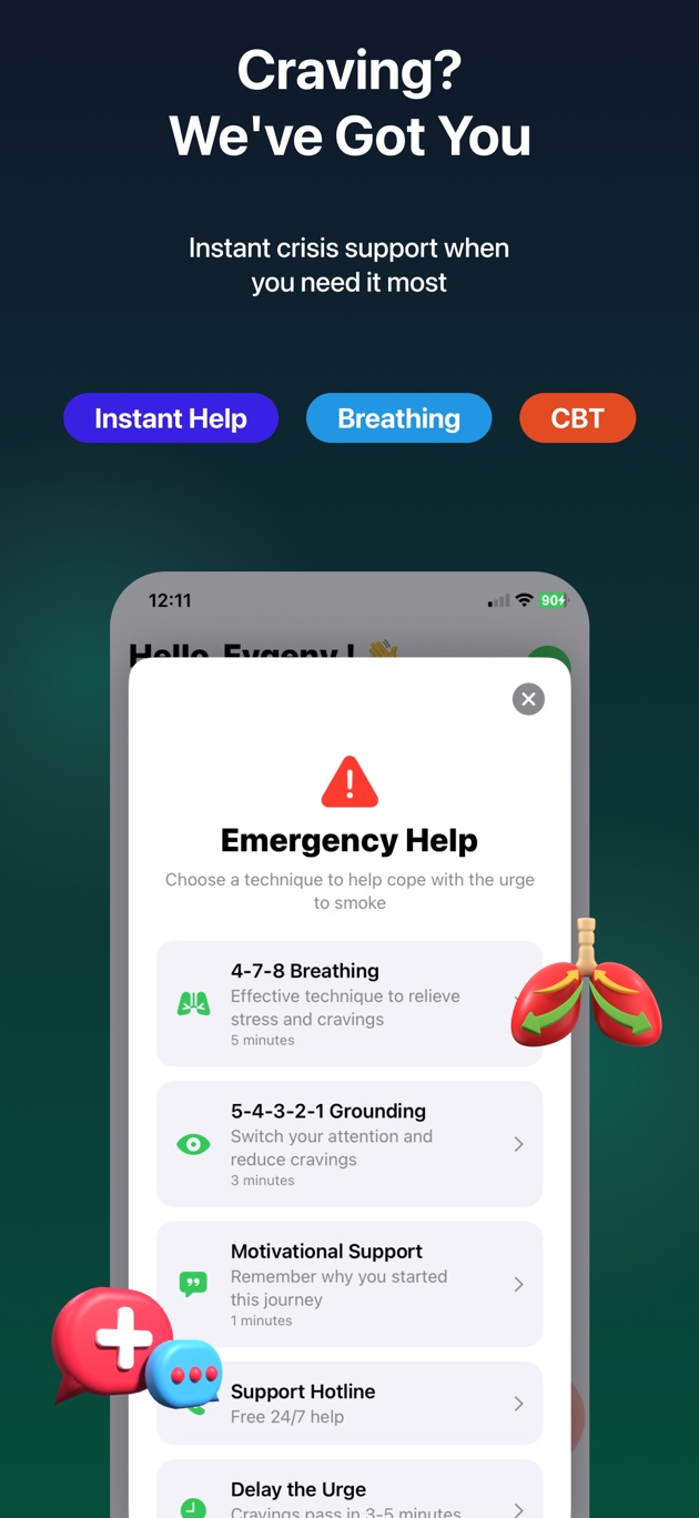 SOS Emergency Help — breathing, grounding, and motivational techniques